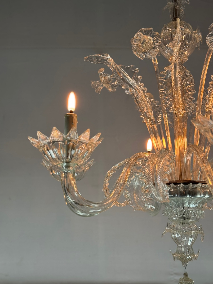 Venetian Chandelier In Colorless Murano Glass With 6 Lights, Circa 1930-photo-5