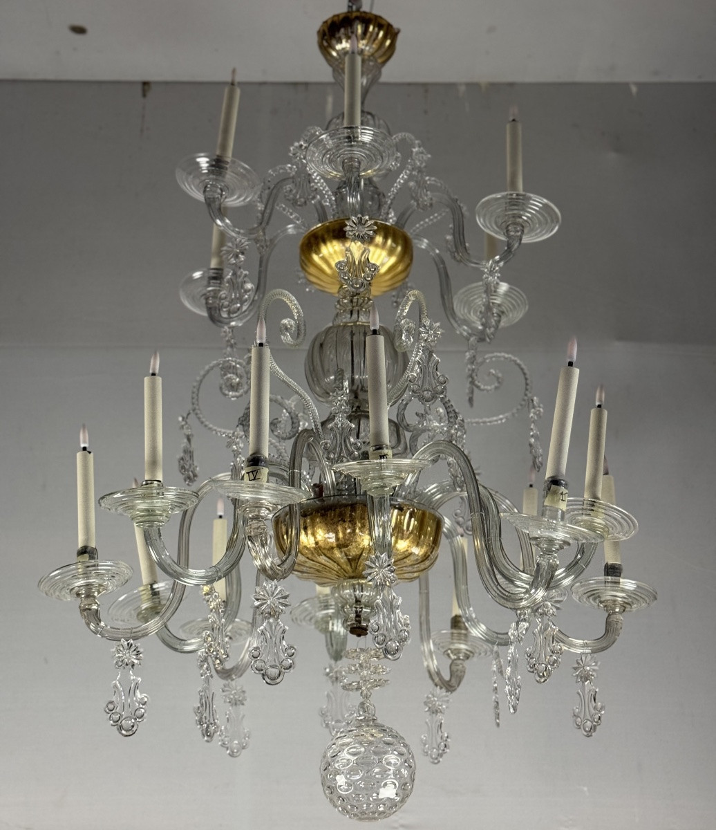 Lustre Liégeois En Verre Soufflé, Deux Niveaux De Bras De Lumière, XVIIIème Siècle -photo-4