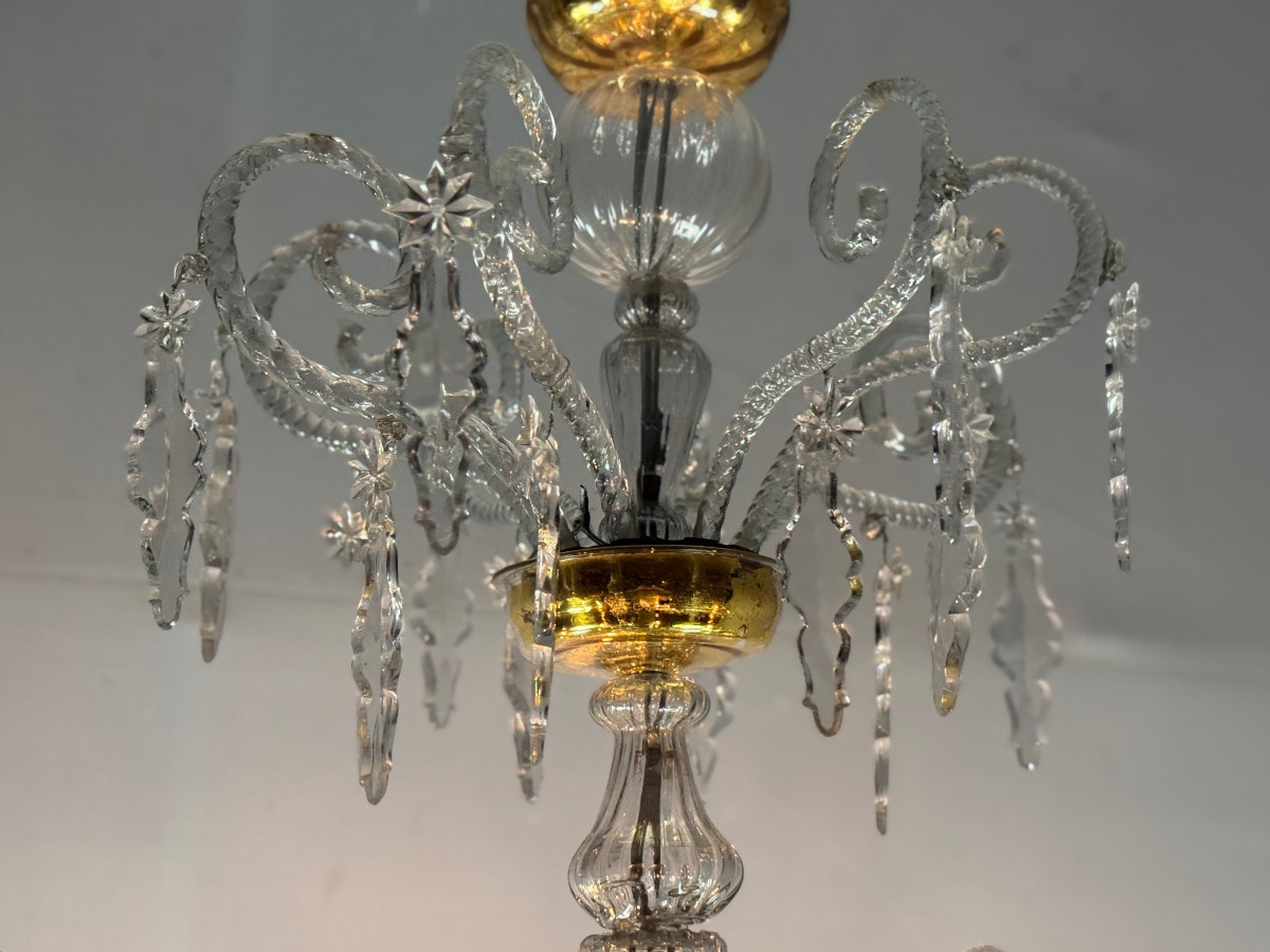 Lustre Liégeois En Verre Soufflé Et Cristaux Taillés, 6 Bras De Lumière, XVIIIème Siècle -photo-3