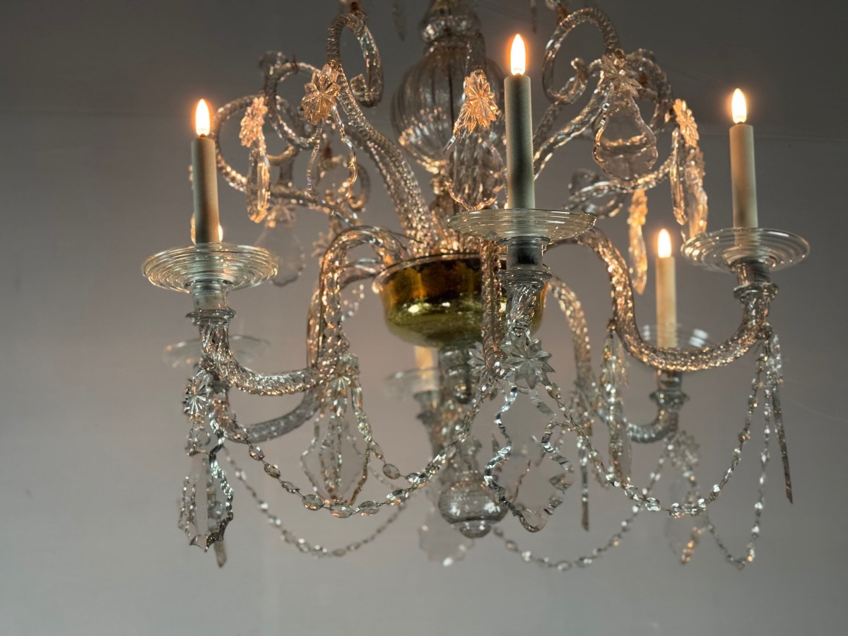 Lustre Liégeois En Verre Soufflé Et Cristaux Taillés, 6 Bras De Lumière, XVIIIème Siècle -photo-4