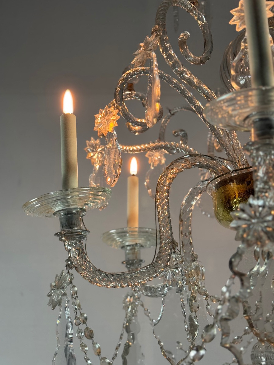 Lustre Liégeois En Verre Soufflé Et Cristaux Taillés, 6 Bras De Lumière, XVIIIème Siècle -photo-1