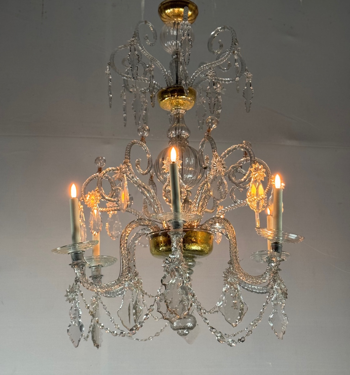 Lustre Liégeois En Verre Soufflé Et Cristaux Taillés, 6 Bras De Lumière, XVIIIème Siècle 