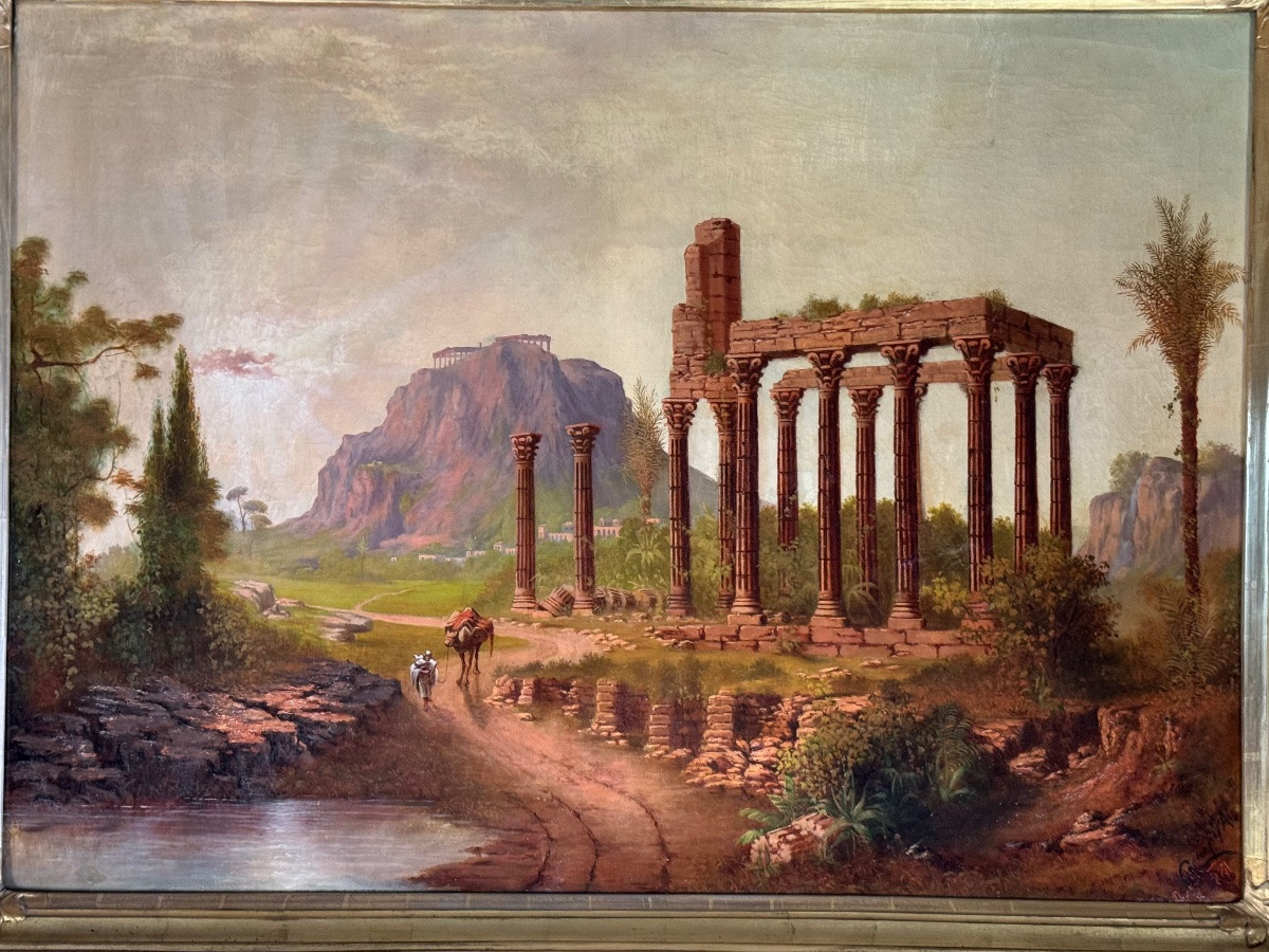 View Of The Parthenon, Imaginary Landscape, Oil On Canvas, Signed And Dated 1881?-photo-3