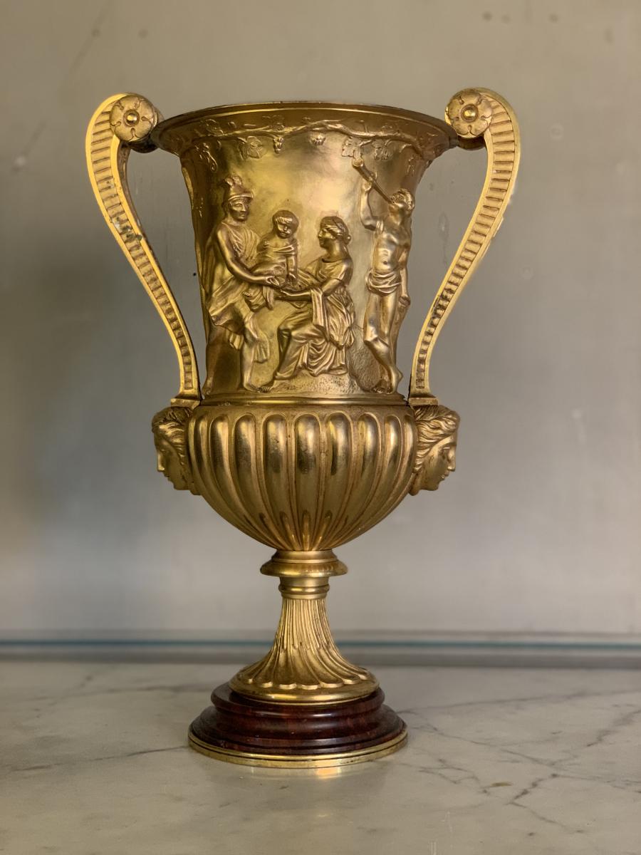 Golden Bronze Urn, Marble Base Rouge Griotte 