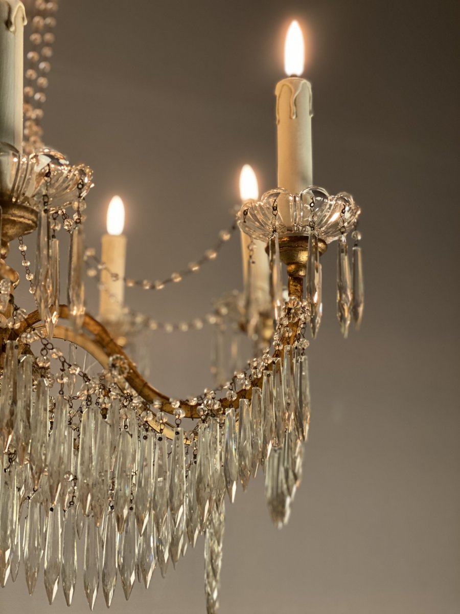 Chandelier 8 Arms Of Light, Tassels And Golden Wood, Italy, Beginning Of XXth Century-photo-3