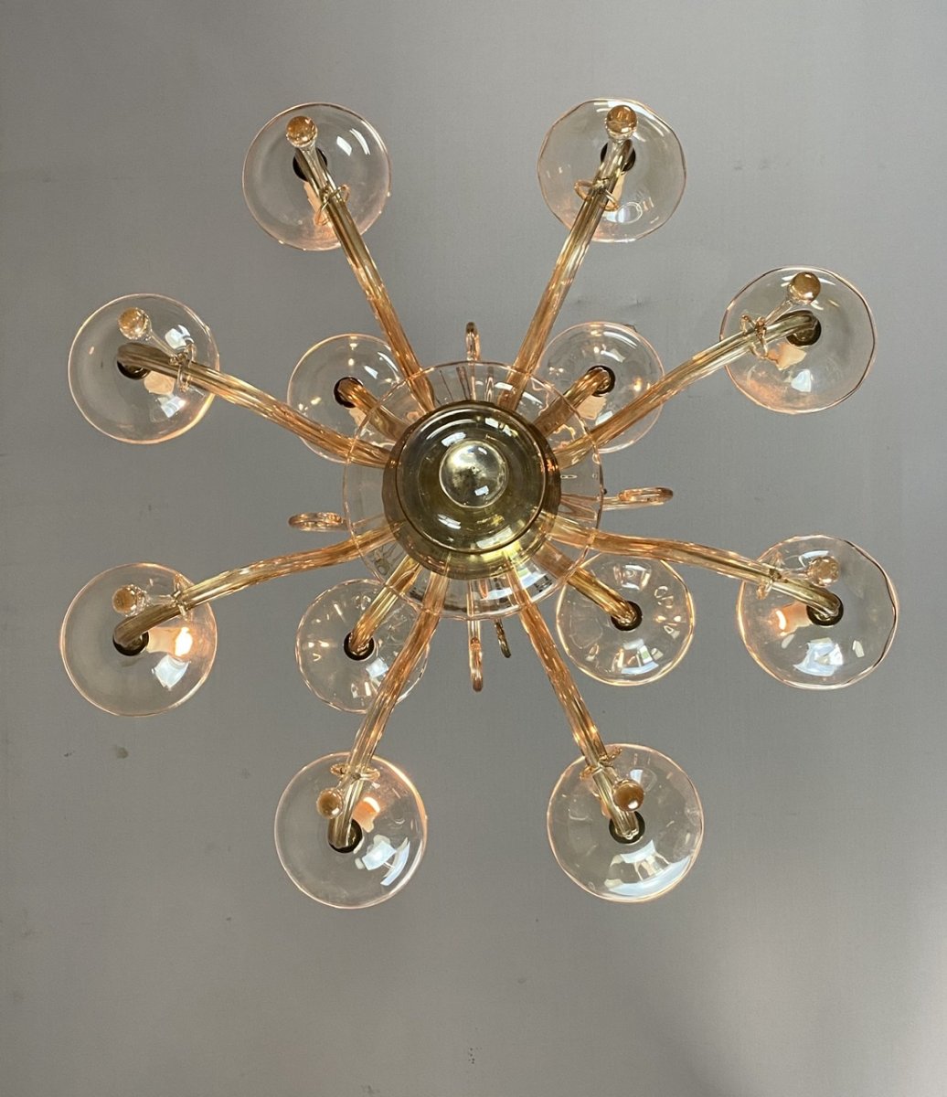 Golden Glass Chandelier, Two Floors And 12 Arms Of Light Around 1940-photo-2