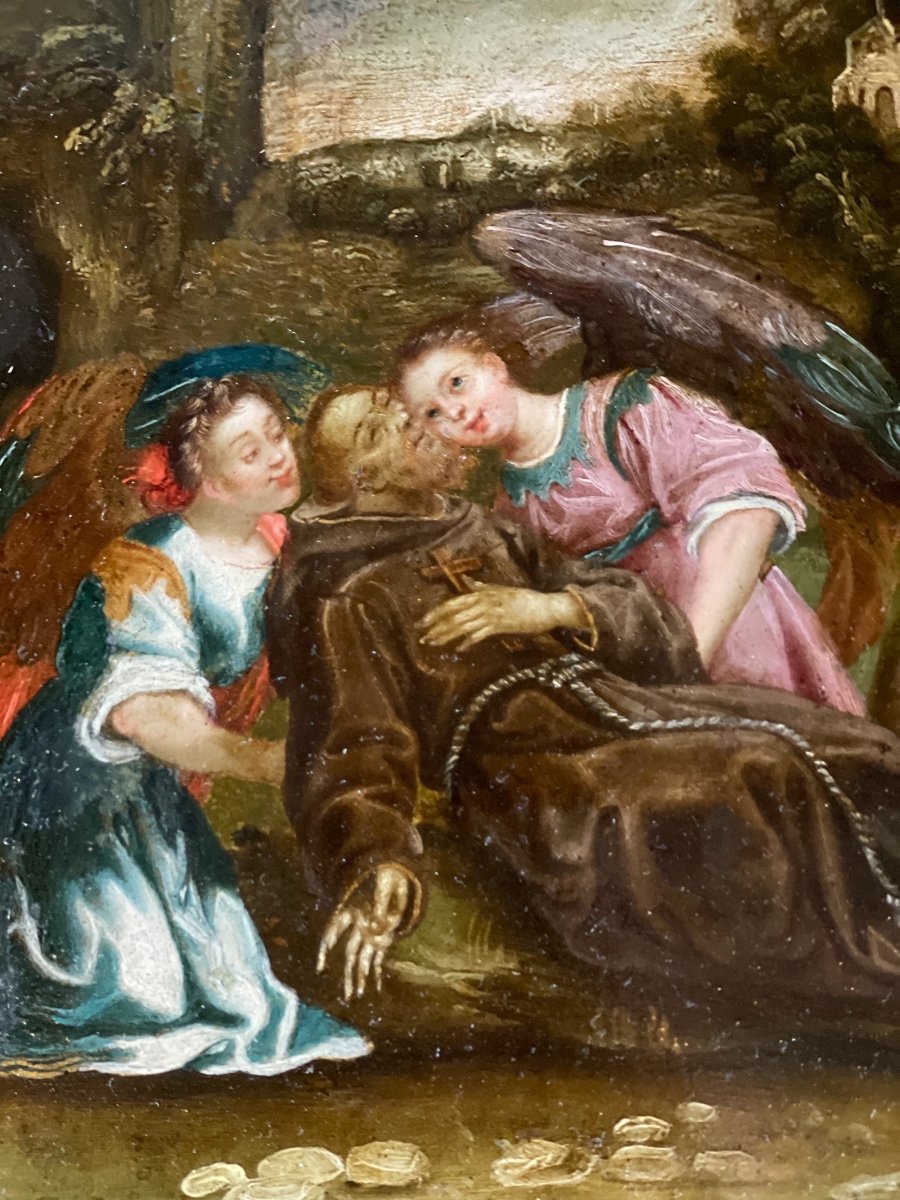 Extase de Saint François d’Assise, Huile Sur Cuivre, XVIIème Siècle -photo-3