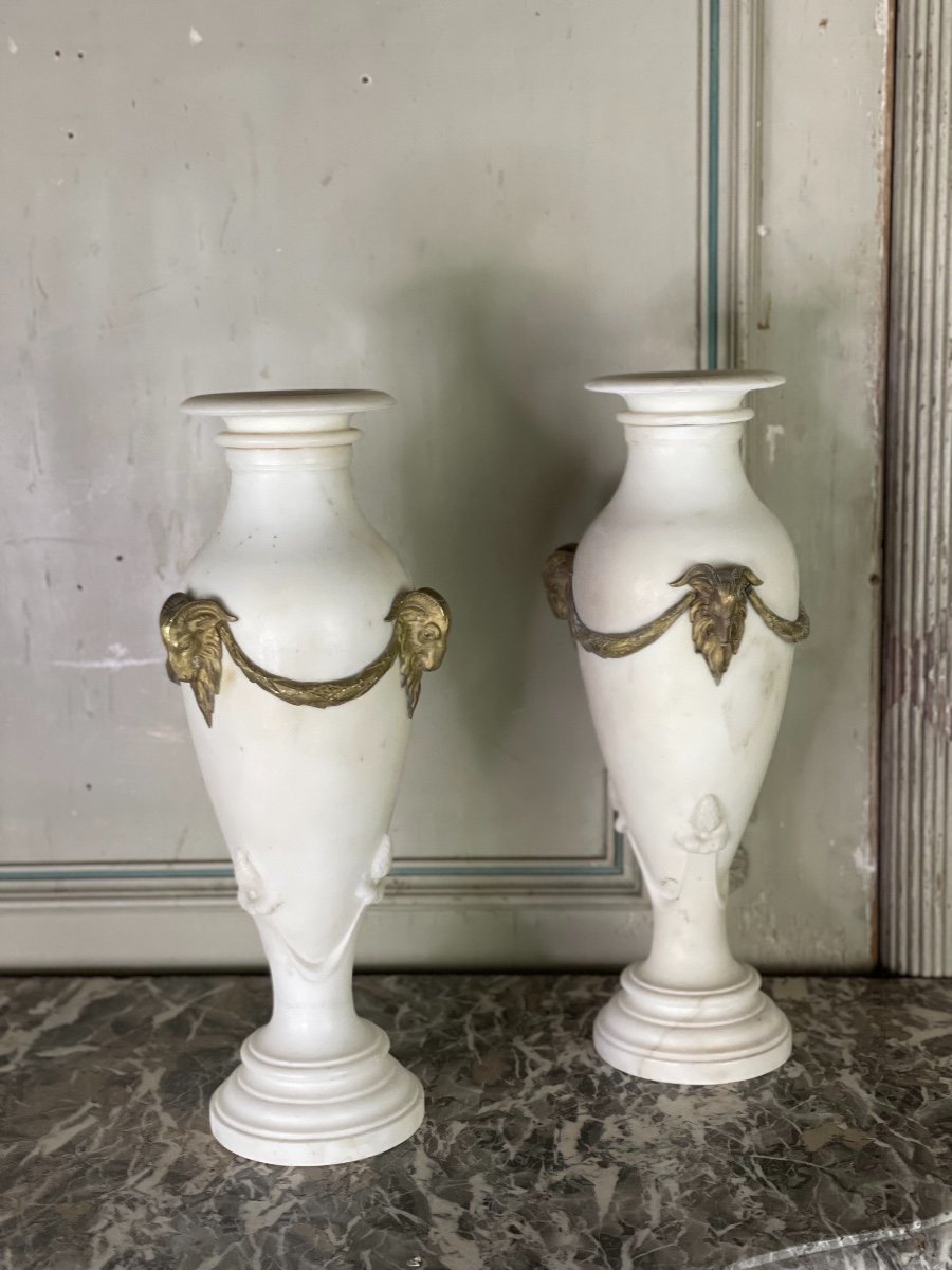 Pair Of White Statuary Marble Vases, Gilt Bronze, Circa 1900-photo-2