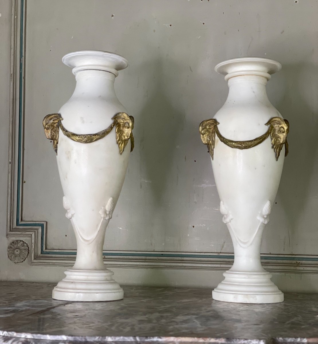 Pair Of White Statuary Marble Vases, Gilt Bronze, Circa 1900