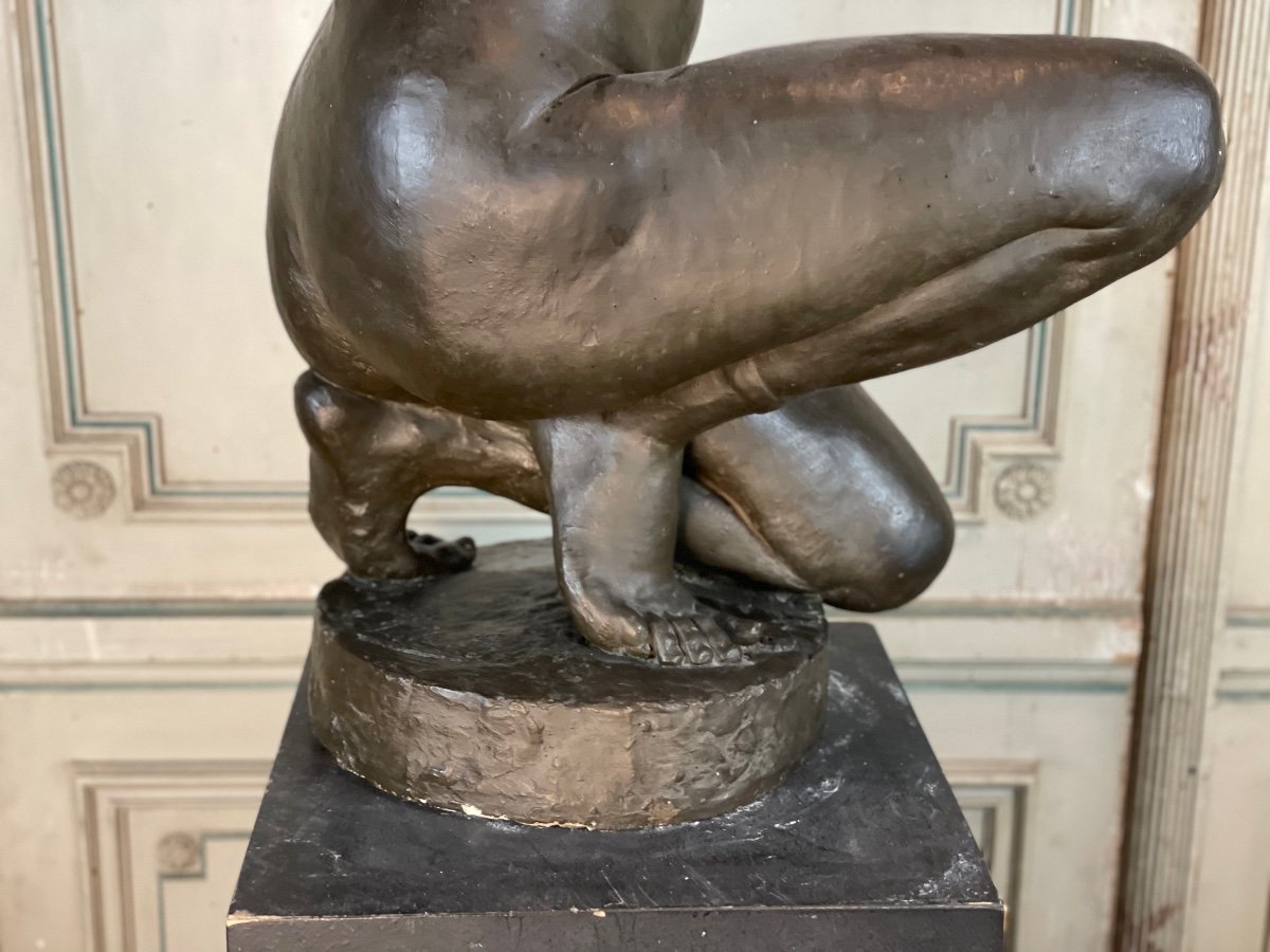 Plaster Sculpture, Crouching African Woman, Illegible Signature On The Base-photo-3