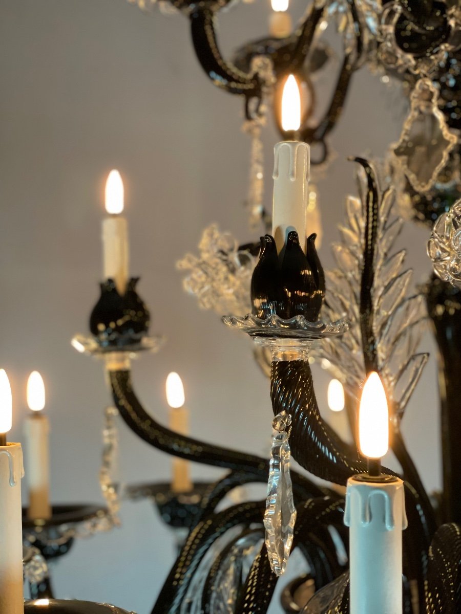 Important Venetian Chandelier In Black And Colorless Murano Glass 24 Arms Of Light-photo-3