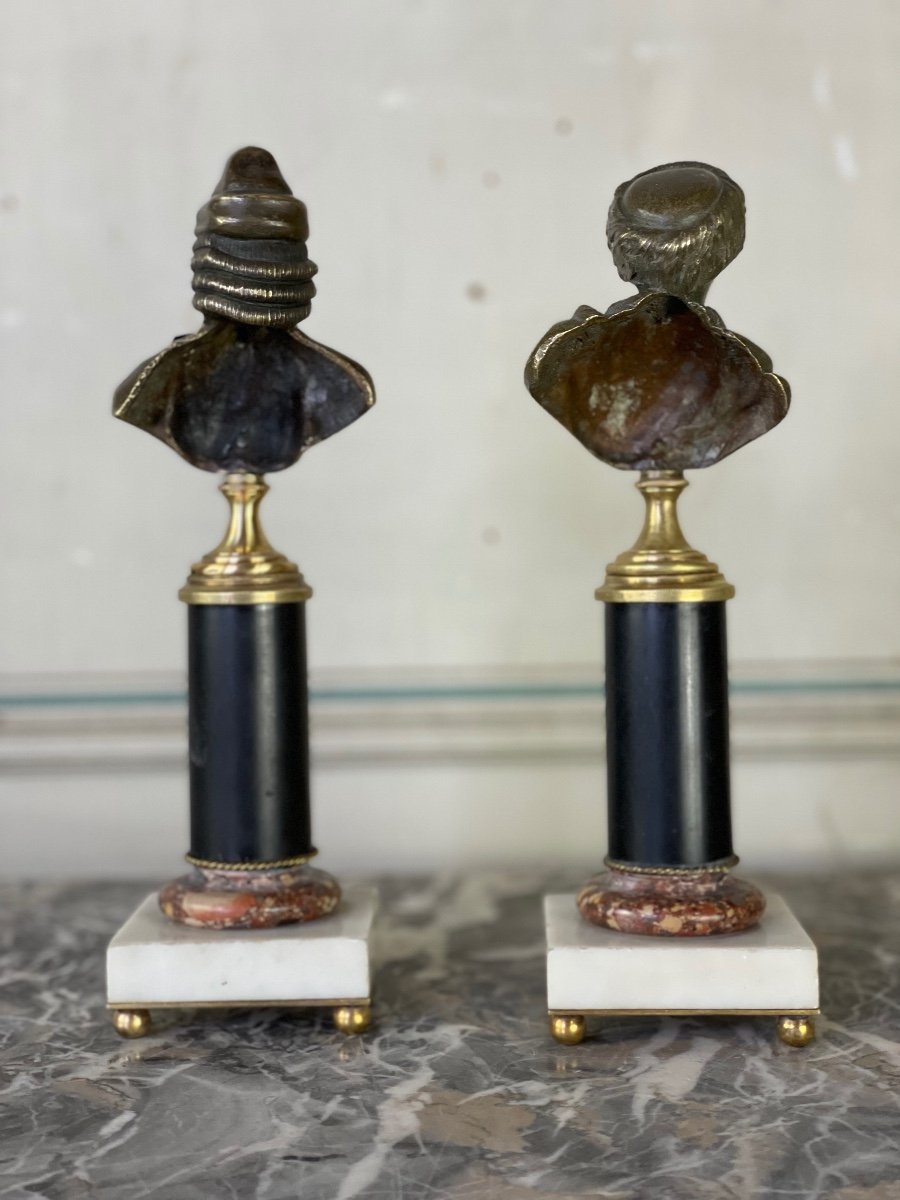 Paire De Bustes En Bronze, Voltaire Et Rousseau, XIXème Siècle -photo-3