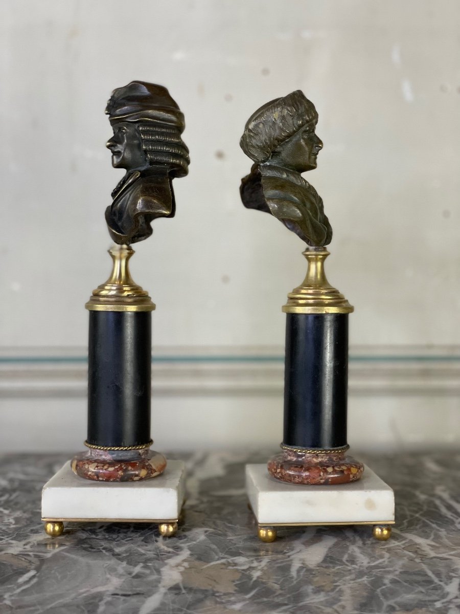 Paire De Bustes En Bronze, Voltaire Et Rousseau, XIXème Siècle -photo-4
