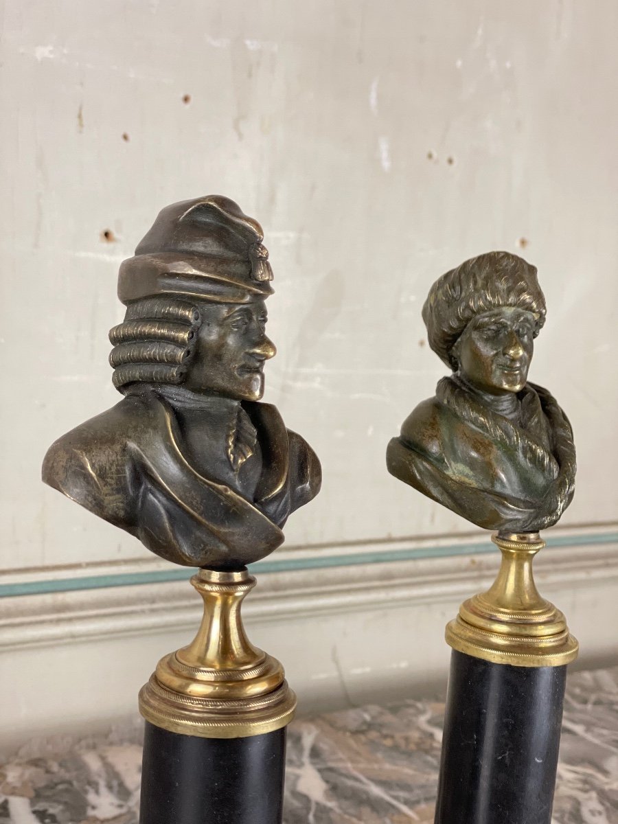 Paire De Bustes En Bronze, Voltaire Et Rousseau, XIXème Siècle -photo-3