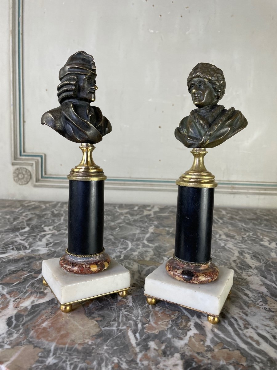 Paire De Bustes En Bronze, Voltaire Et Rousseau, XIXème Siècle -photo-4