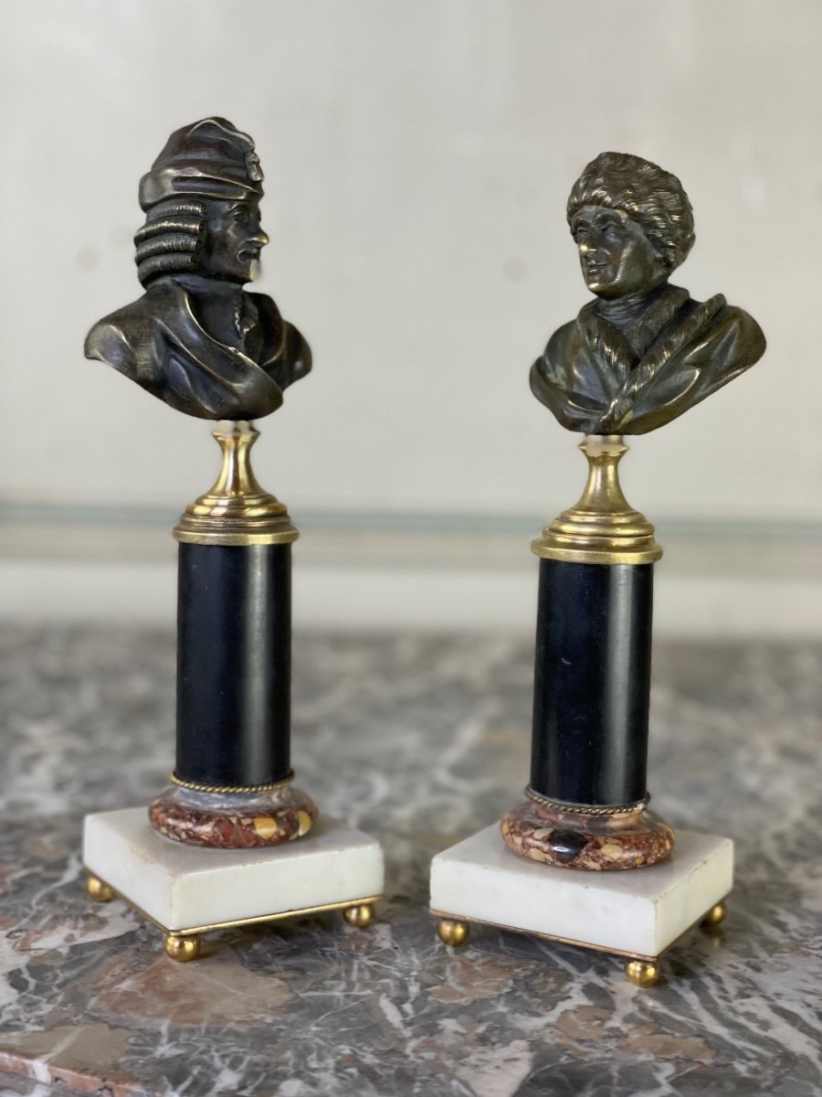 Pair Of Bronze Busts, Voltaire And Rousseau, XIXth Century-photo-5