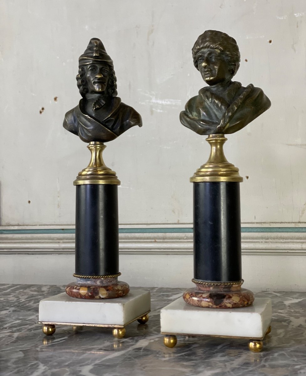 Pair Of Bronze Busts, Voltaire And Rousseau, XIXth Century