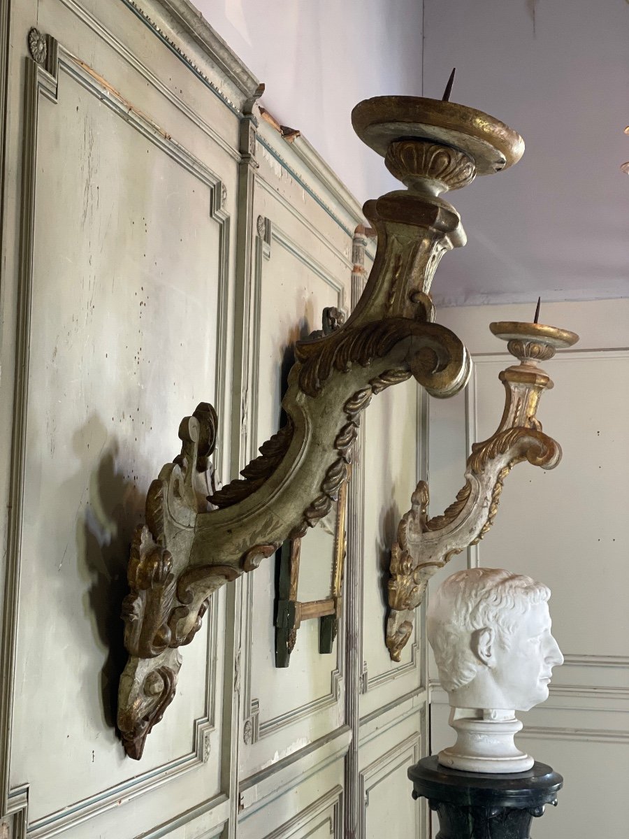 Pair Of Sconces In Carved Wood, Northern Italy