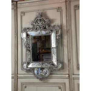 Grand Miroir Vénitien En Verre De Murano Incolore Vers 1850