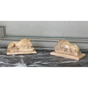 Paire De Lions D’après Canova, Sculpture En Albâtre Vers 1880