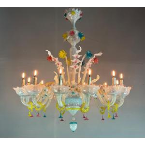 Venetian Chandelier In Multicolored Murano Glass With Dominant Milky White, 12 Arms Of Light