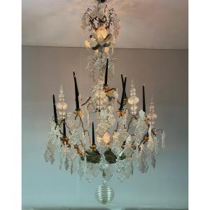 Large Bronze Chandelier Trimmed With Molded Glass Tassels Circa 1800