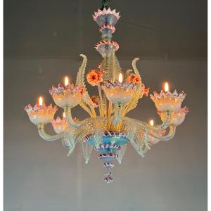 Lustre Vénitien En Verre De Murano Bleu Et Rose, 8 Bras De Lumière Vers 1940