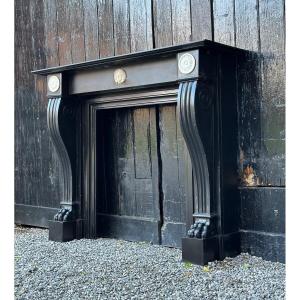 Belgian Black Marble Fireplace And Statuary White Mascarons, 19th Century