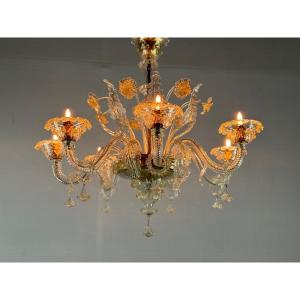 Venetian Chandelier In Golden Murano Glass, 7 Arms Of Light Circa 1930