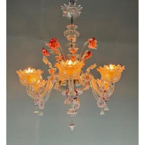 Lustre Vénitien En Verre De Murano Incolore Et Rose, 6 Bras De Lumière Vers 1940