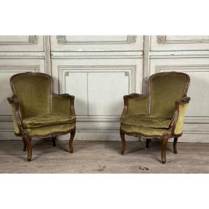 Pair Of Louis XV Style Bergeres  In Carved Beech Around 1920