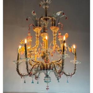 Venetian Rezzonico Chandelier In Multicolored Murano Glass, 12 Arms Of Light Circa 1900