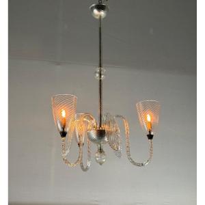Venetian Chandelier In Colorless Murano Glass, Three Arms Of Light Circa 1950