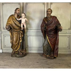 Two Saints In Polychrome Wood, Portugal, 17th Century