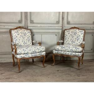 Pair Of Louis XV  Armchairs In Carved And “chené” Wood, 18th Century 