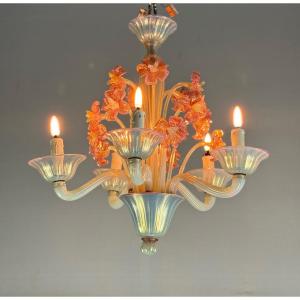 Venetian Chandelier, In Blue And Red Murano Glass, Five Arms Of Light, Circa 1950