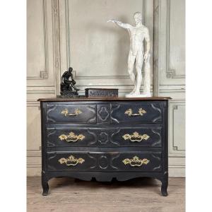 Commode Parisienne Louis XV En Bois Patine Noire, Tablette Cirée Au Naturel, XVIIIème Siècle