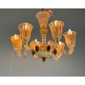 Venetian Chandelier In Golden Murano Glass And Reticello, 6 Arms Of Light Circa 1950