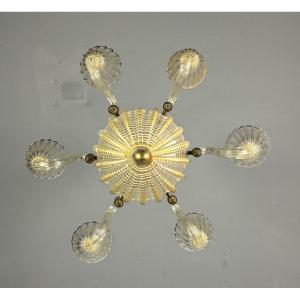 Venetian Chandelier In Golden Murano Glass And Reticello, 6 Arms Of Light Circa 1950 