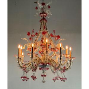 Venetian Rezzonico Chandelier In Colorless And Red Venice Glass Circa 1920