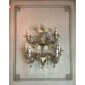 Pair Of Venetian Wall Sconces In Mordore, Gold And Yellow Murano Glass Circa 1920 