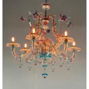 Venetian Rezzonico Chandelier In Multicolored Murano Glass Circa 1900