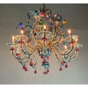 Lustre Vénitien Rezzonico En Verre De Venise Multicolore 9 Bras De Lumière 