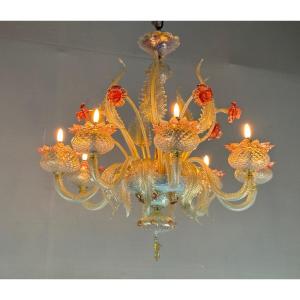 Lustre Vénitien En Verre De Murano Opalescent, Doré Et Rouge, 8 Bras De Lumière Vers 1930