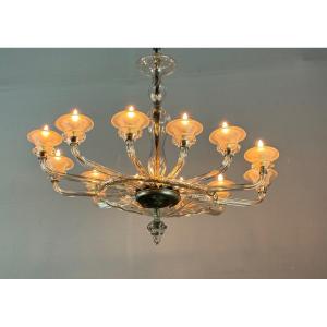 Murano Glass Oval Venetian Chandelier, 12 Light Arms Circa 1920 By Barovier 