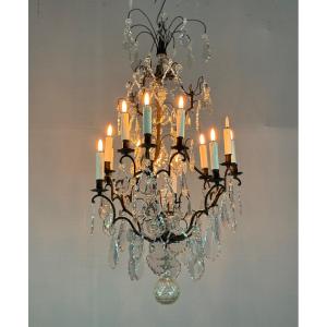 Bronze Cage Chandelier With Black Patina Decorated With Cut Crystal Tassels Circa 1900