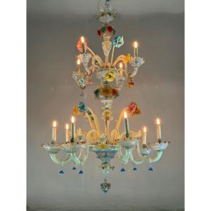 Venetian Chandelier In Multi-colored Murano Glass, 11 Arms Of Light On Two Levels Circa 1880 