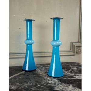 Paire De Vases Ou Bougeoirs Carnaby Par Per Lutken Pour Holmegaard Vers 1960