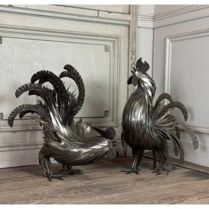 Two Steel Roosters, Cut And Welded Steel, Michel Jarry Circa 1960