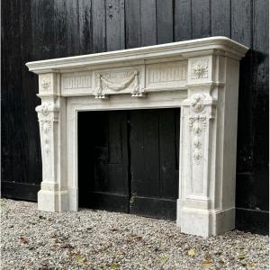 Louis XVI Style Fireplace In White Carrara Marble Circa 1880